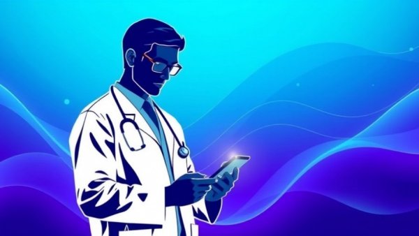 Vector art of doctor analyzing AI healthcare alerts on phone, abstract background.