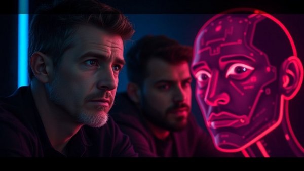 Abstract scene with thoughtful men and a smiling digital face in a documentary setting.