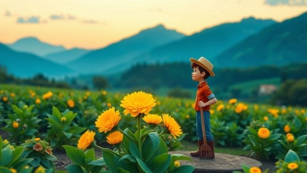 Whimsical gardener with rake admiring golden coin in flower, cartoon style
