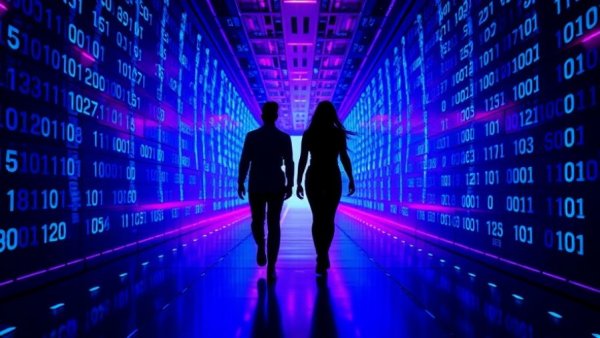 Futuristic silhouettes in a glowing digital corridor suggesting AI-assisted progress.