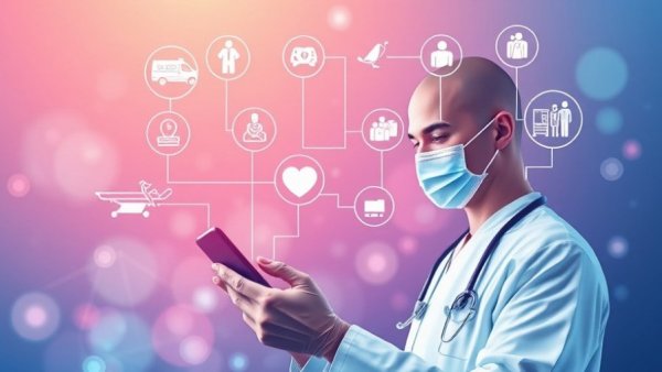 AI Care Pathways in healthcare: digital illustration with doctor, smartphone, and medical icons.