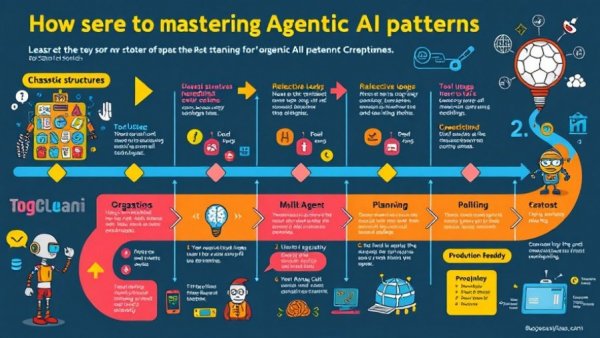 Agentic AI design patterns roadmap infographic, cartoon style.
