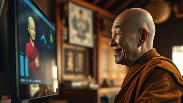Elderly monk engaging with AI avatar on screen in temple, exploring AI chatbots and spirituality.
