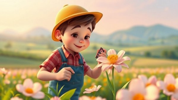 Cartoon gardener with custom chip designs flower in a serene field.