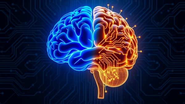Futuristic brain integration of AI and technology.