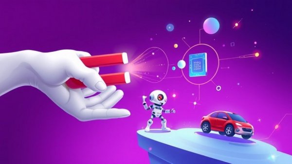 Technology acquisition concept with magnet attracting robot and microchip.