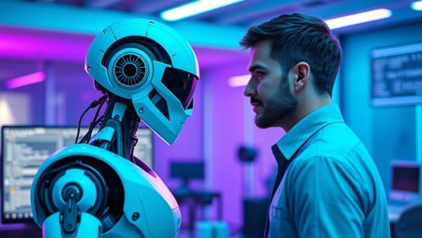 Futuristic AI robot and human working together, Cloneable AI for Workforce Development.