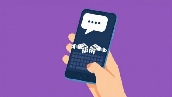 AI-generated text messages impact on communication depicted with phone and robotic hands.