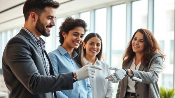 Diverse team discusses skills to compete with AI using robotic hand in office.