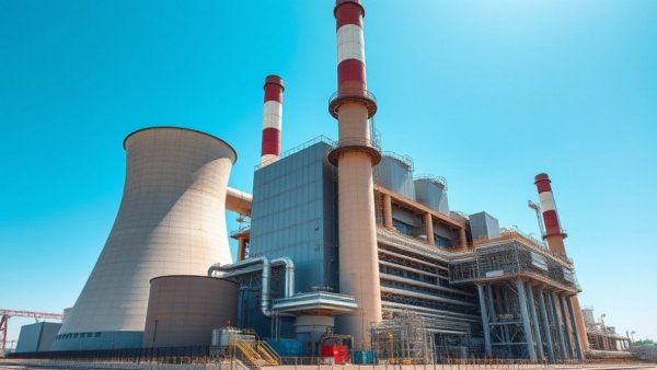 Natural gas power plant with cooling towers under blue sky.