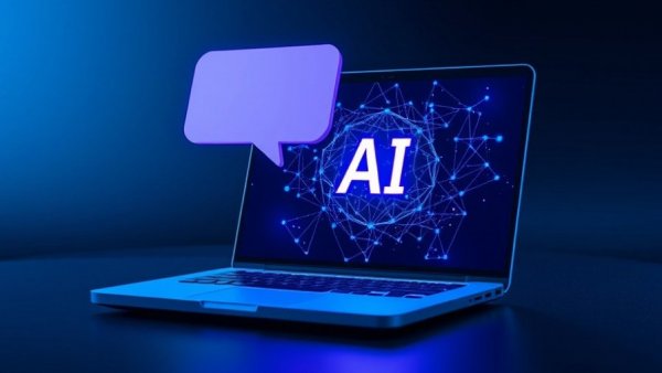 AI tools on laptop screen with speech bubble, futuristic design
