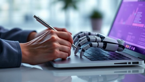 AI agents in the workplace concept with human and robot hands collaborating.