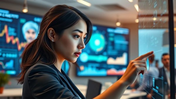Young woman engaging with AI technology in business setting