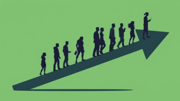 Abstract illustration of people on a large arrow representing career growth.