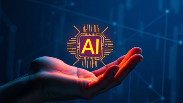 Futuristic hand with glowing AI symbol, trophy-style AI adoption