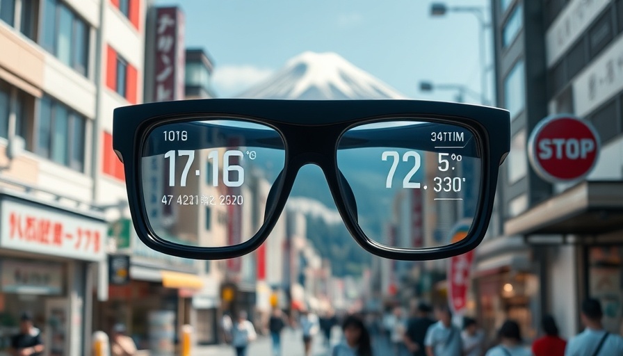 AI smart glasses display info with Mount Fuji in background.