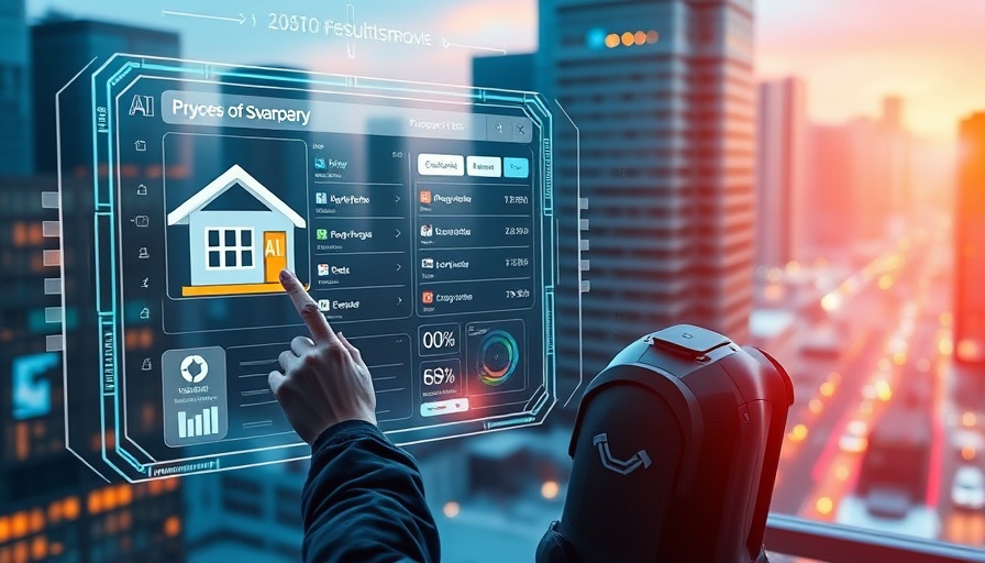 Futuristic AI interface for property search with cityscape backdrop.
