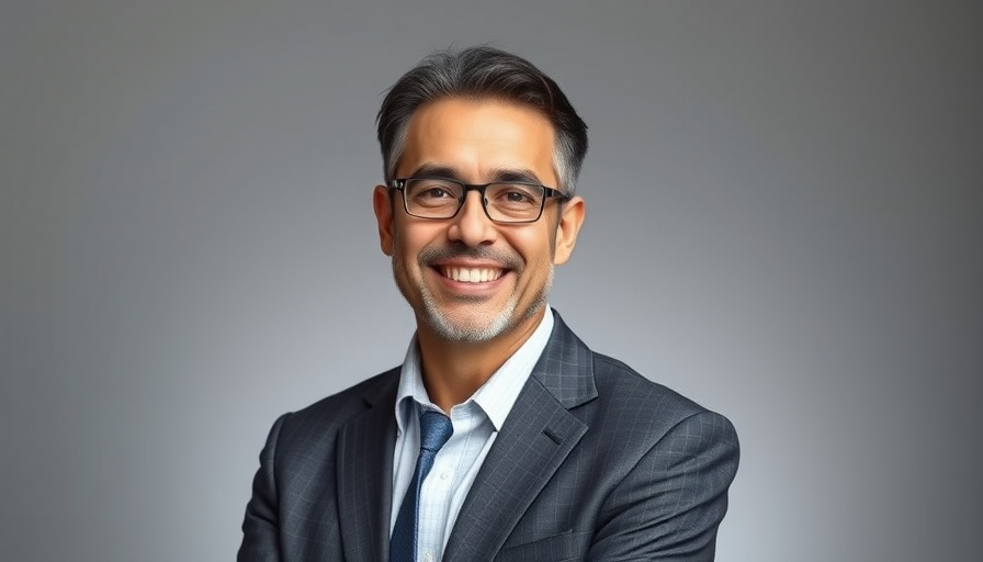 Middle-aged professional man in a suit smiling against a gradient background, symbolizing Cyber Insurance Success.