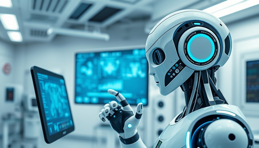 Futuristic AI healthcare robot in modern clinic.