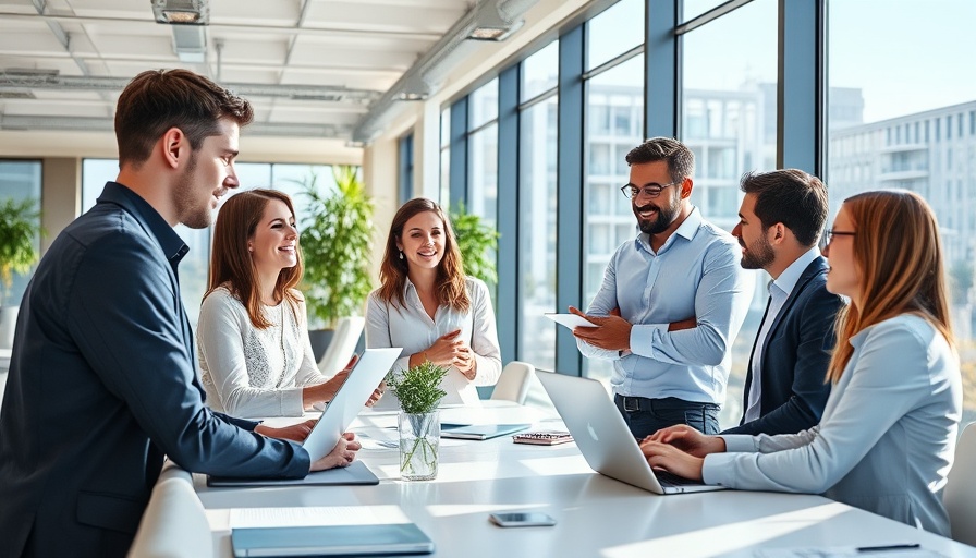 Professionals in a modern office discussing an AI project.