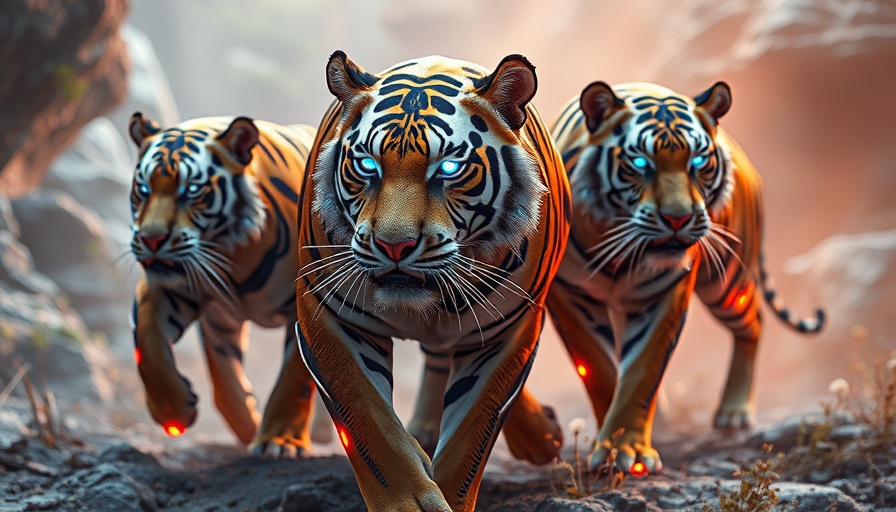 Futuristic AI-enhanced tigers in dynamic virtual landscape.