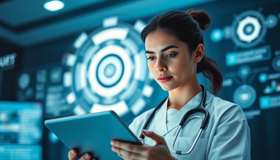 Viz.ai climate action commitment: Doctor with digital tablet and futuristic interface