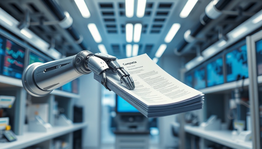 Futuristic robotic arm holding funding papers in a high-tech lab.