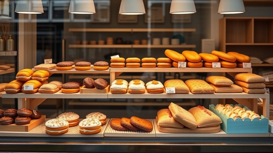 Eco-friendly bakery display featuring sustainable foods like donuts and muffins.