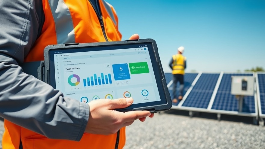 A solar field technician uses a ruggedized tablet showing an operational tracking dashboard on a commercial solar panel installation site.