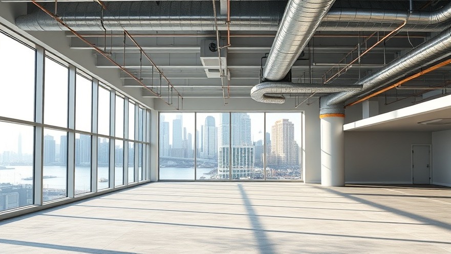 A photorealistic view of a modern commercial office floor under construction at 55 Water Street in Lower Manhattan showing energy-efficient HVAC installations and floor-to-ceiling windows.