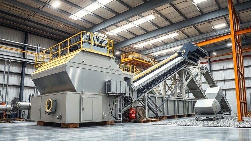 Heavy-duty industrial two-mass vibratory sorting screen processing recycled concrete aggregate inside a clean commercial material recovery facility.