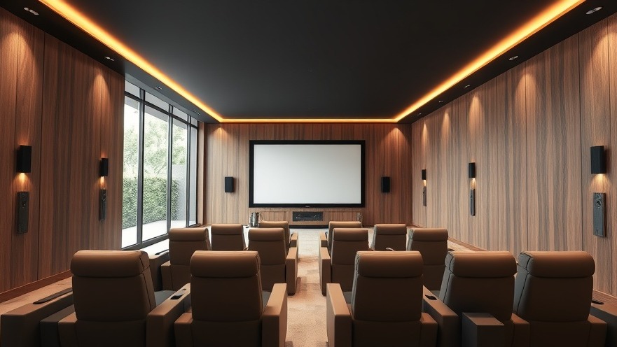Modern luxury smart home media room with integrated acoustic panels and clean minimalist tech aesthetics.