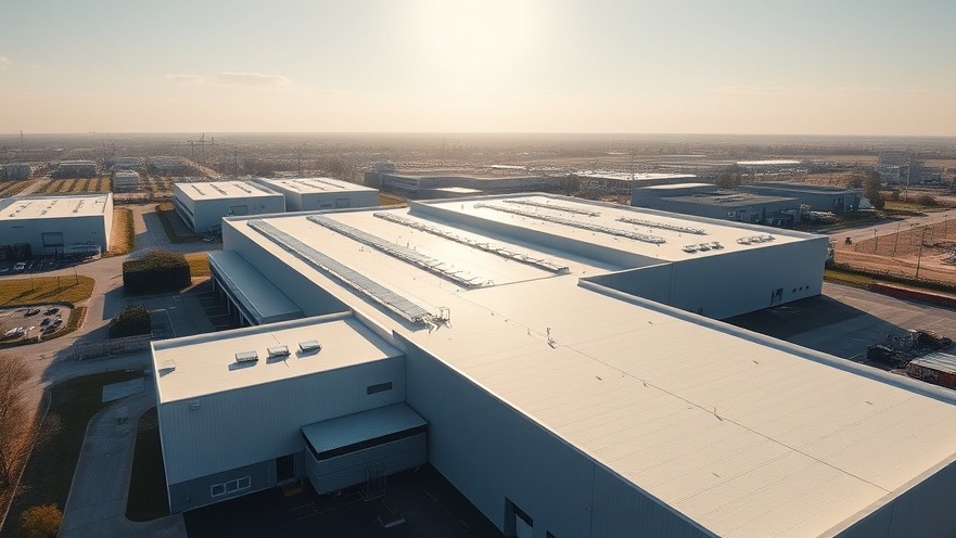 A modern sustainable industrial warehouse with advanced clean energy infrastructure under a clear morning sky.