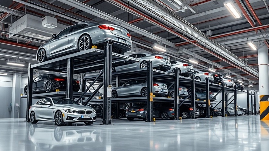 Advanced indoor mechanical car stacker system showcasing seasonal maintenance in luxury garage.