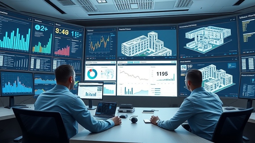 Commercial real estate asset managers analyzing office space utilization analytics and tenant feedback software on digital displays in a modern control center.