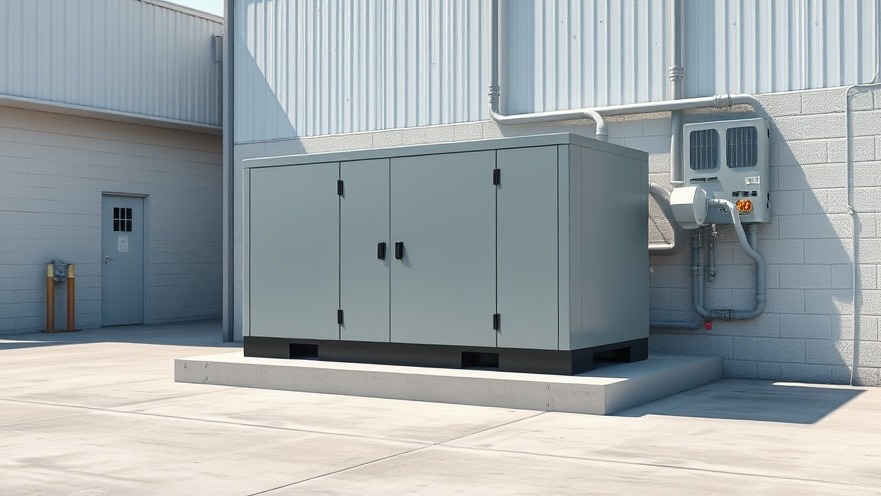 Advanced commercial battery energy storage system installed on a secure concrete pad behind a commercial building.