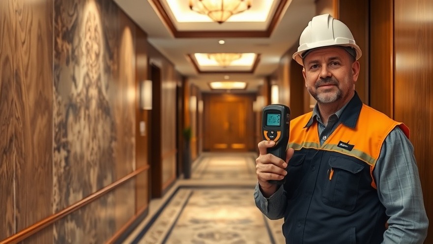 Professional inspector checks humidity levels for sustainable hotel operations in eco-friendly lobby.