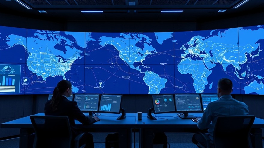 A high-tech commercial dispatch center featuring large wall-mounted digital maps tracking clean energy technician service routes in real time.