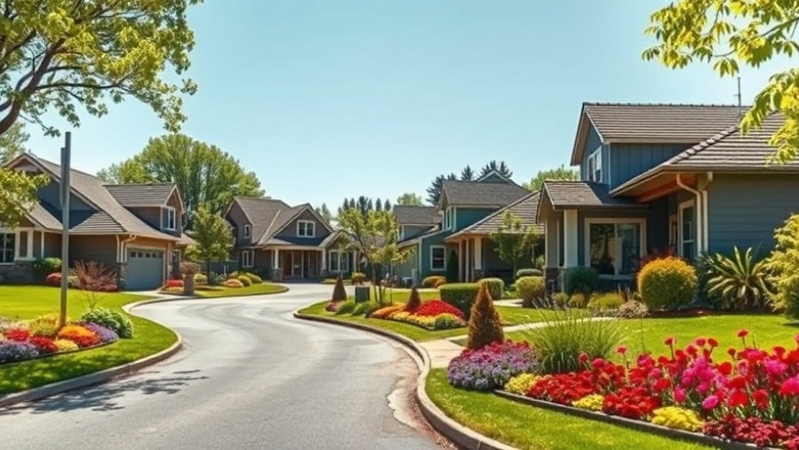 Bright, eco-friendly houses on a cul de sac showcasing energy efficiency and vibrant flower beds.