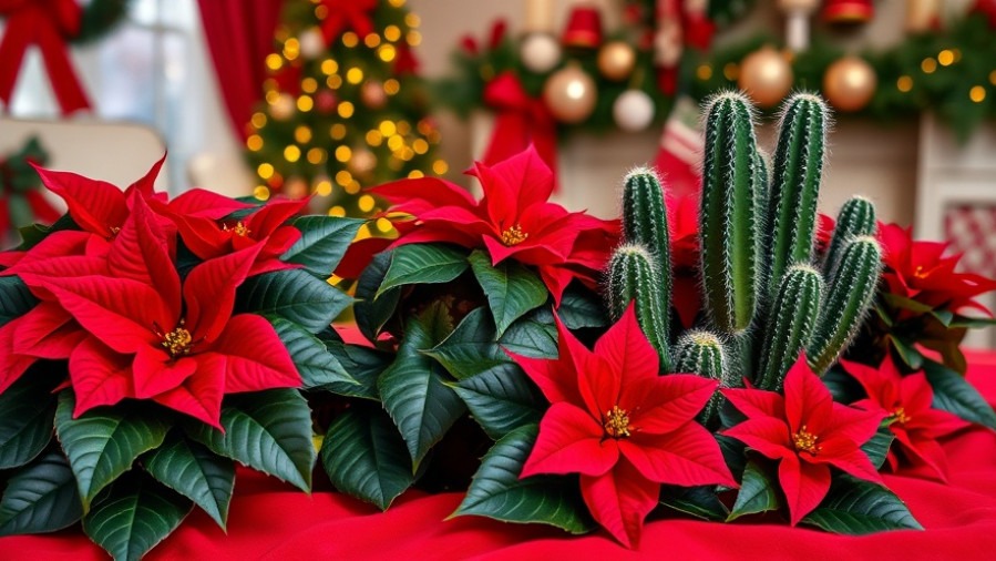 Festive poinsettias and Christmas cacti showcasing natural landscaping in a holiday setting.