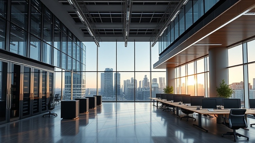 Modern high-density commercial technology office space with collaborative work areas and energy-efficient building infrastructure.