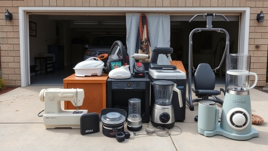 Yard sale showcasing durable goods like a sewing machine and gym equipment, emphasizing sustainable practices.