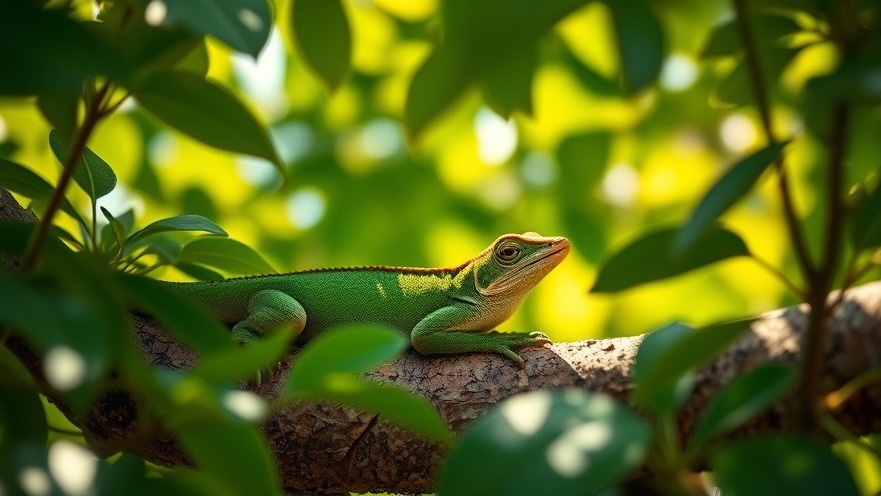 Green Anole on a branch, showcasing sustainable home design in lush foliage.