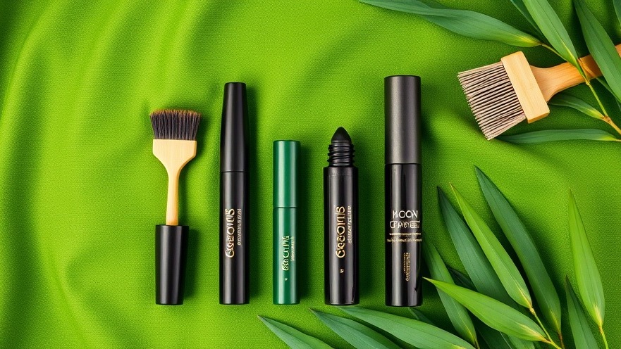 Photorealistic flat lay of eco-friendly mascaras and bamboo brushes on green fabric