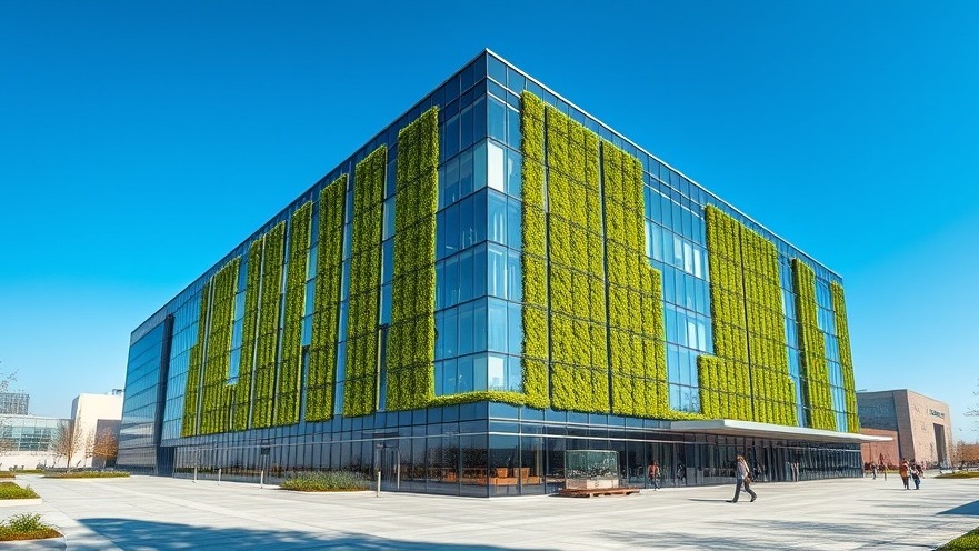Modern eco-friendly commercial office building highlighting architectural sustainability and energy-efficient building envelope design.