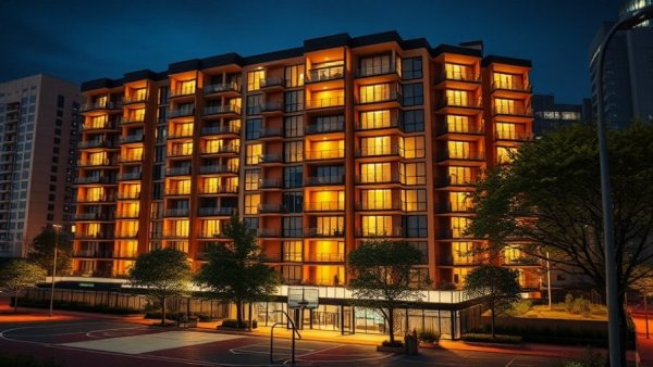 Condo with vibrant night lighting, urban setting, suitable for EV charging solutions.