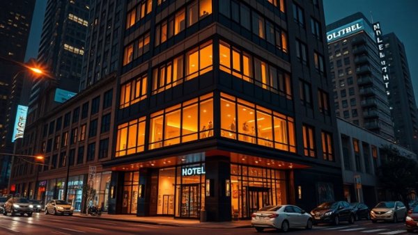 Stylish hotel exterior at night in vibrant city setting.