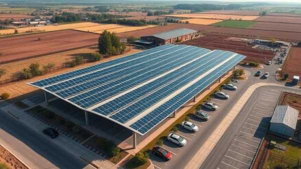 Aerial view of solar carport project in a rural area.