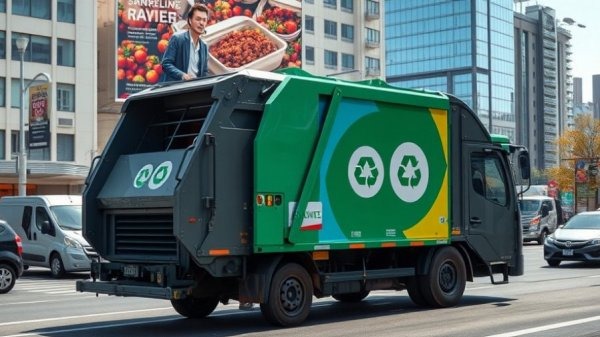 Garbage truck recycling next to a billboard on city street.