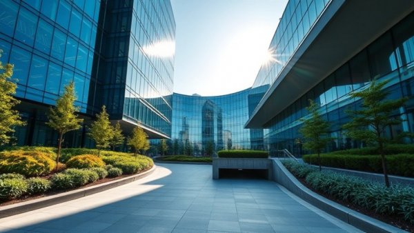 Modern office building with glass facade showcasing commercial EV charging infrastructure potential.